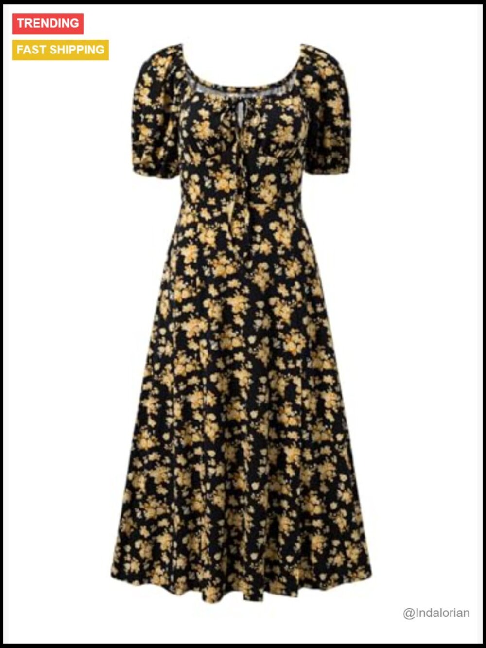 High Waist A-Line Midi Dress with Side Split and Tie Front - Picture 6 of 7